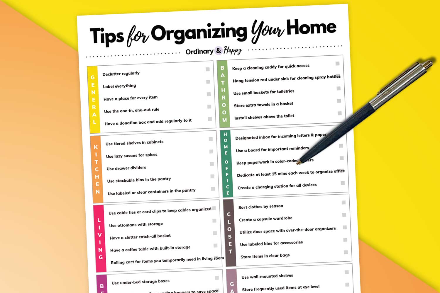 Home Organization Tips – 40 Idea Checklist to Help Keep All Rooms Tidy and Functional