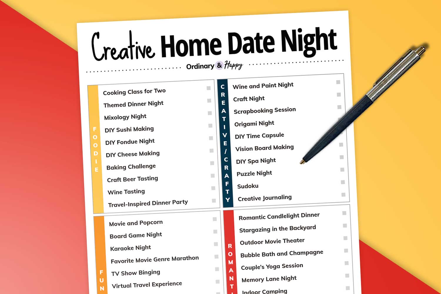 a partially visible printable list of creative home date night ideas on a yellow and red background next to a pen