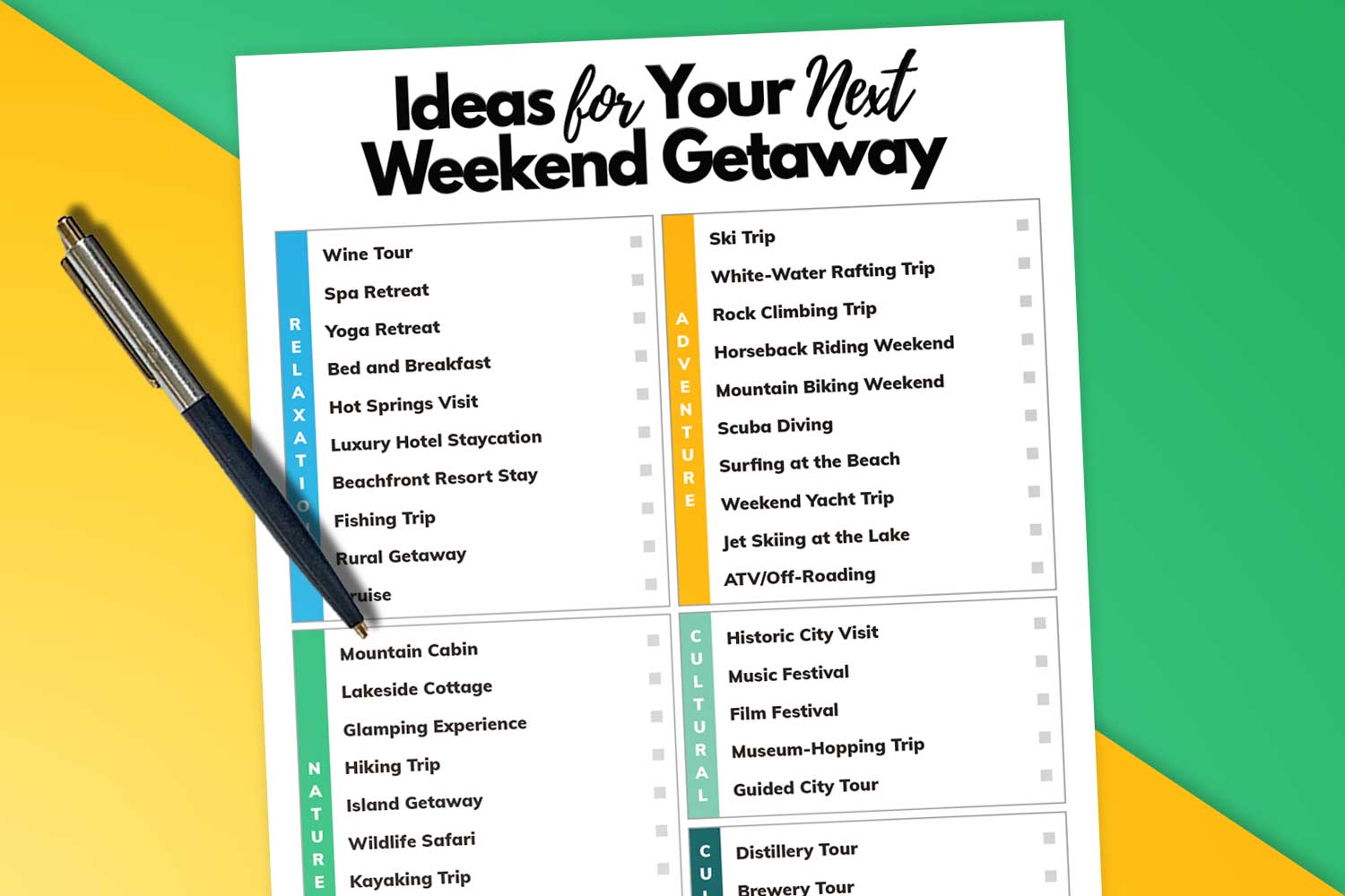 partially visible list of ideas for a weekend getaway on white paper next to a pen placed over a block color orange and green background