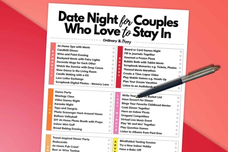 partially visible printable list of ideas for date night for couples staying in on a red and pink background with a pen on top of the list