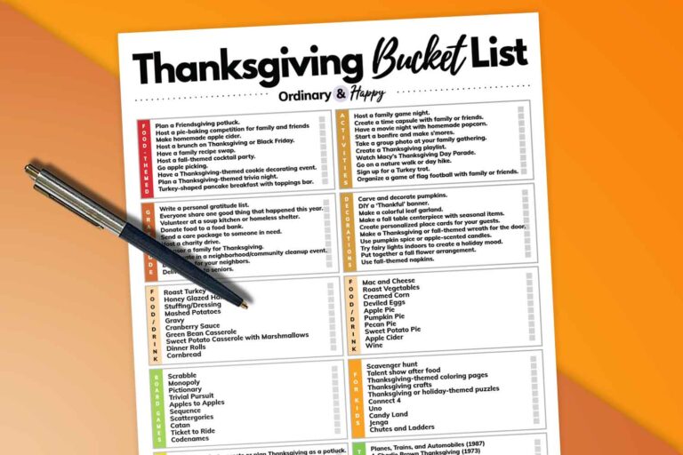 partially visible list of 100 ideas for thanksgiving with a pen on top of the list, the list laid out over a two-color block background