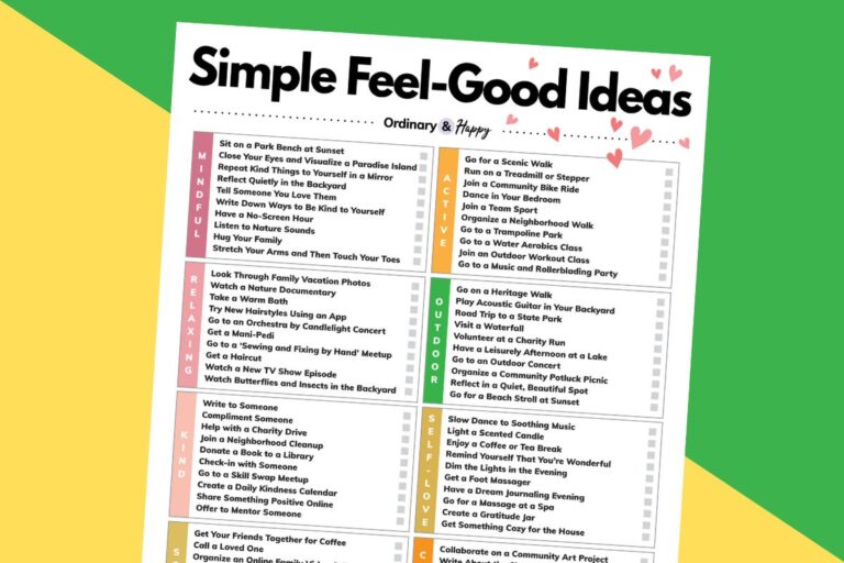 partially visible list of 80 simple feel-good ideas in a list on an orange and green two-color background