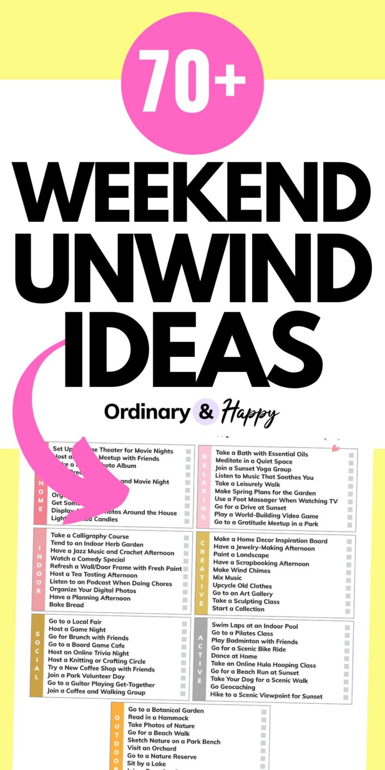 graphic stating 70+ weekend unwind ideas in a bold font with a pink arrow pointing to a big list of the ideas split into sections