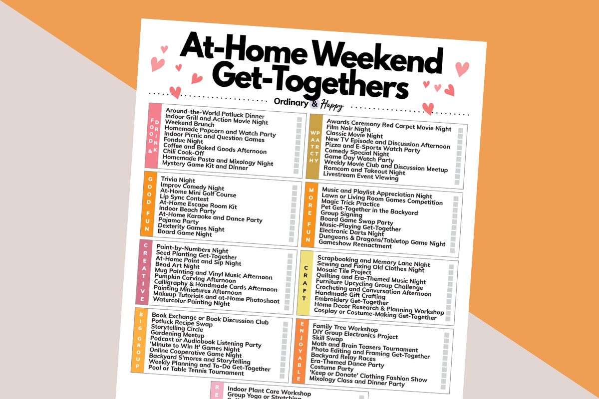 listicle of 90 at-home weekend get-together suggestions on a 2-color block background