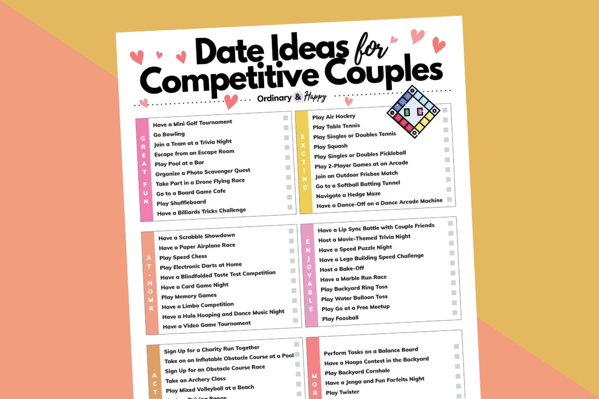 graphic showing a partially visible listicle of date ideas for competitive couples on a 2-color block background