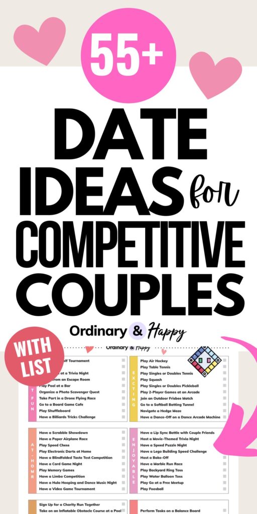 graphic showing a listicle of over 50 date night ideas for competitive couples on a pink background with a pink arrow pointing to it