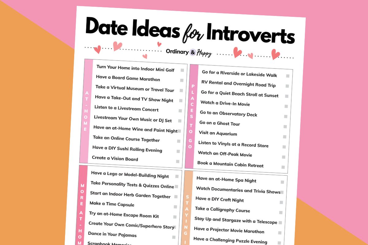 partially visible listicle of date ideas for introverts on an orange and pink 2-color background