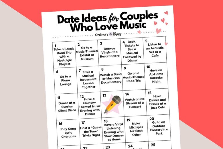 partially visible bingo card displaying music-themed date ideas on a pink and red 2-color background