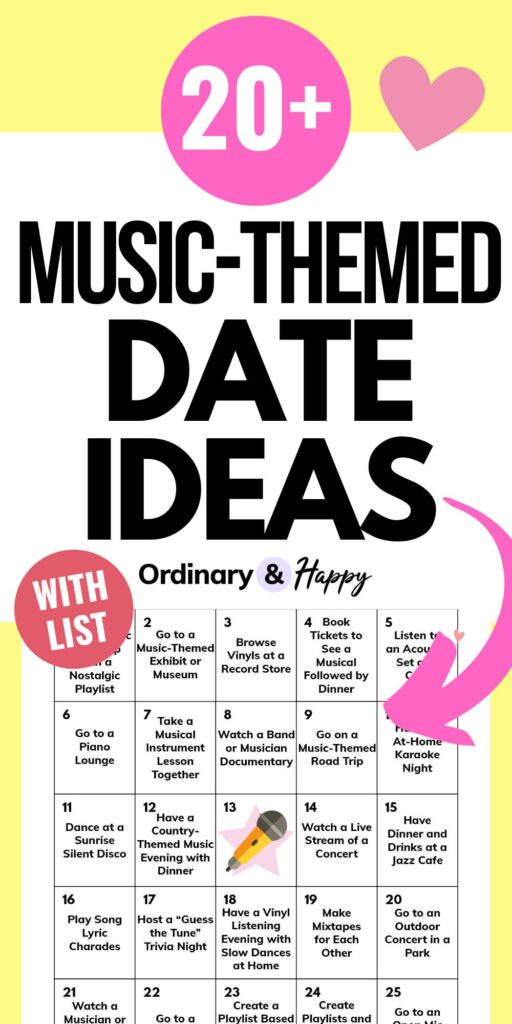 graphic showing a music-themed date ideas card with a pink arrow on a yellow background