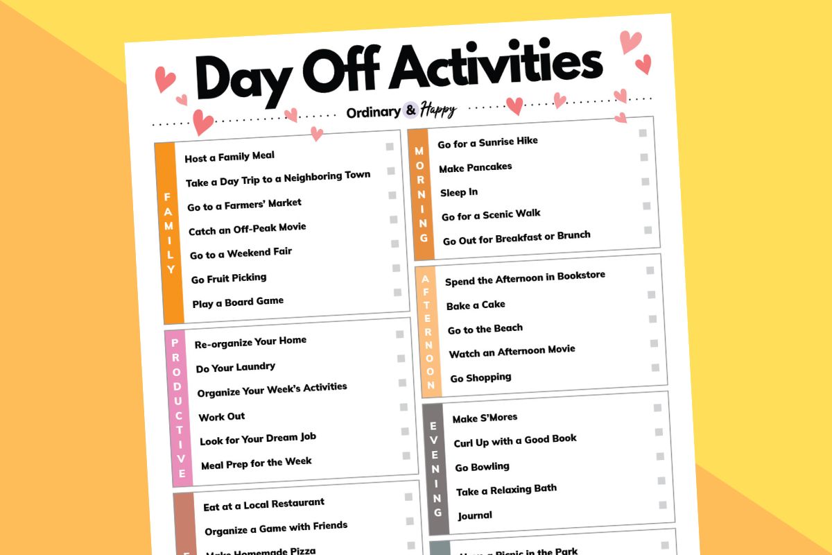 listicle of day off activities against an orange and yellow block background
