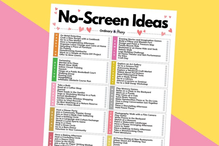 partially visible listicle of 100 no-screen ideas on a pink and yellow 2-color background