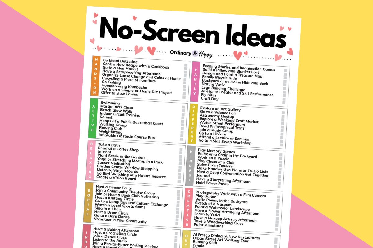 partially visible listicle of 100 no-screen ideas on a pink and yellow 2-color background