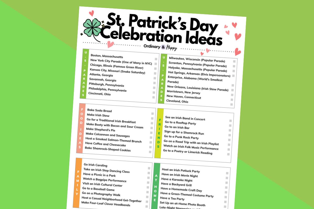 partially visible lisicle of 60 st. patrick's day celebration ideas on a 2-color green background