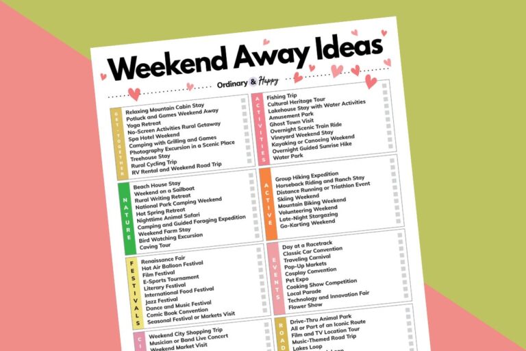 graphic showing a partially visible list of over 70 weekend away ideas on a 2-color block background