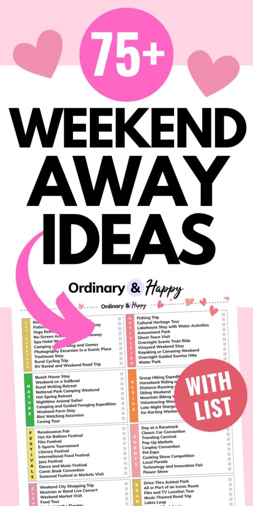 graphic showing a list of 78 weekend away ideas on a pink background with a pink arrow pointing to the listicle
