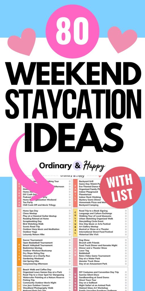 graphic displaying a list of weekend staycation ideas