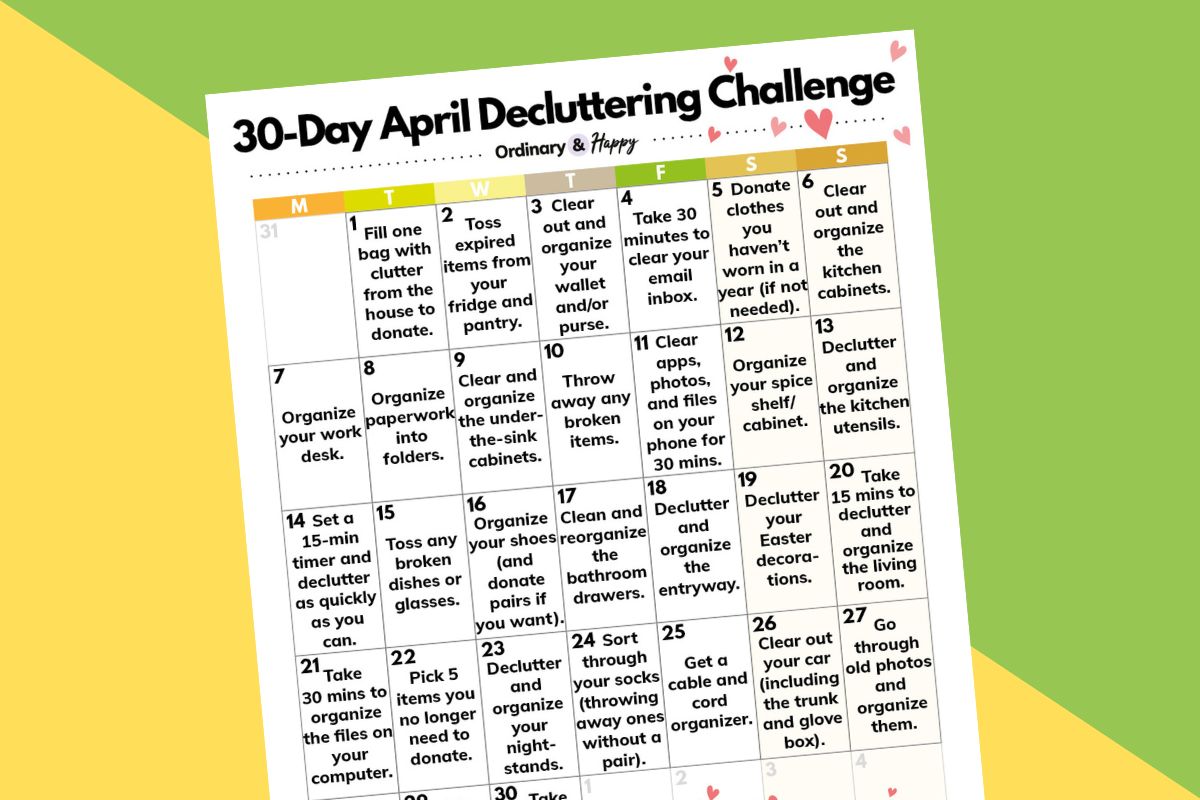 partially visible 30-day april decluttering challenge printable on a two-color yellow and grene background