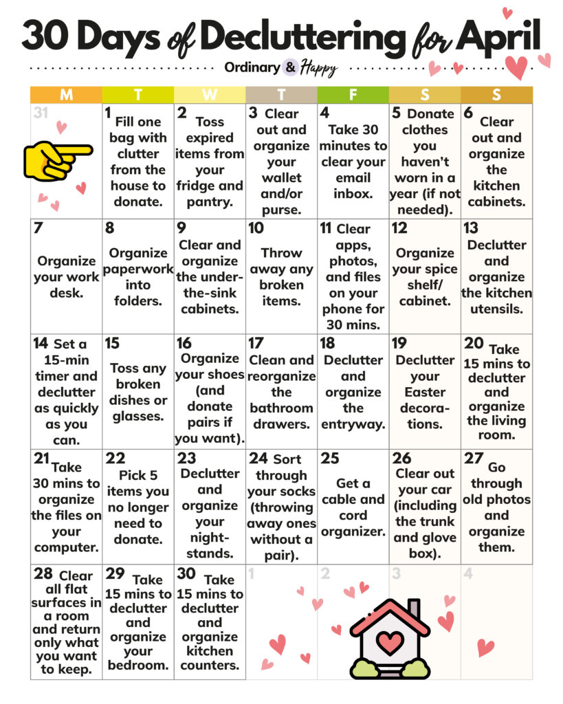 30 day calendar of daily decluttering tasks for april 2025