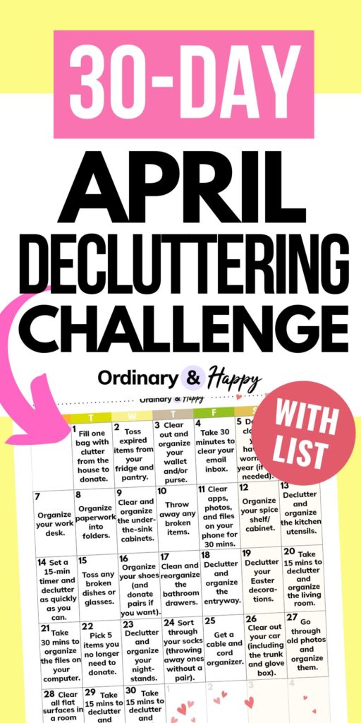 graphic showing an april decluttering challenge printable with a pink arrow pointing to it