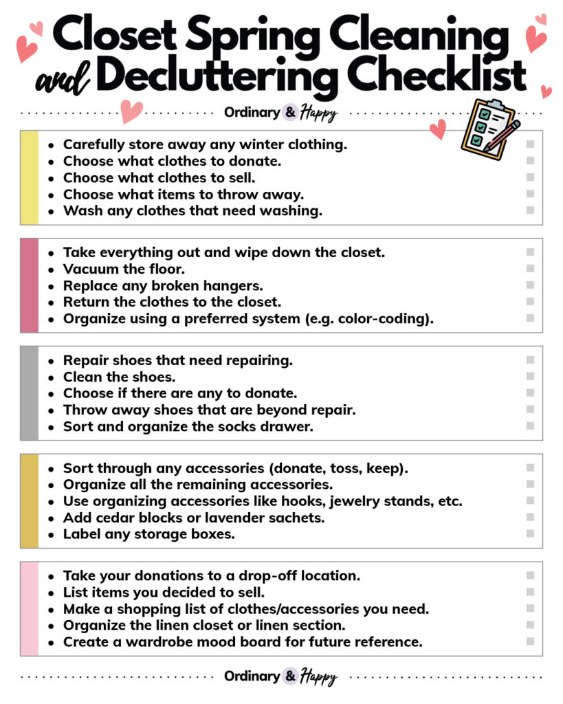 closet spring cleaning and decluttering checklist with 25 items to tick off