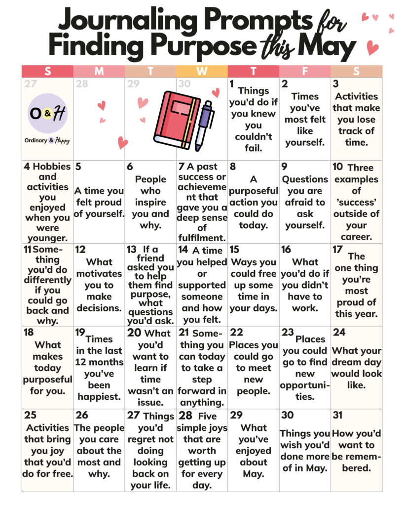calendar printable for the month of may showing 31 journaling prompts for finding purpose designated for each day of the month
