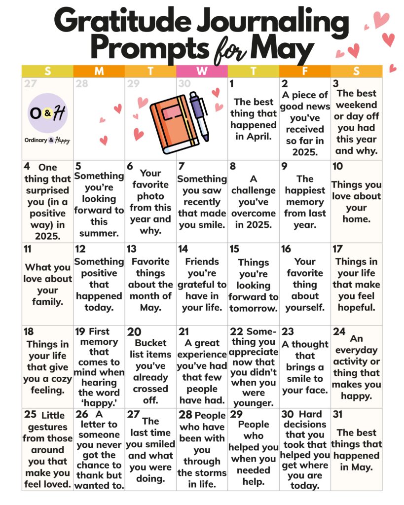 calendar for may showing 31 gratitude journaling prompts on each day of the month