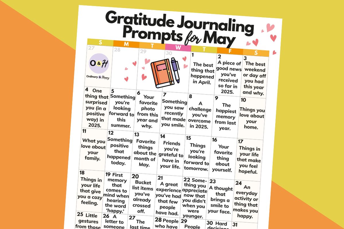 partially visible gratitude journaling prompts printable calendar for may against a two color yellow and orange background
