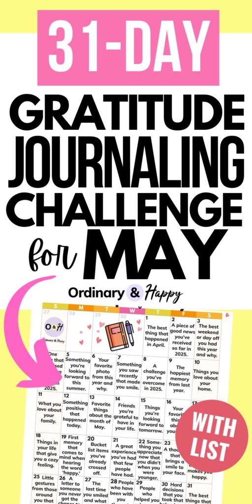 31 day gratitiude journaling challenge for may graphic with a pink arrow showing the month long calendar with the journaling prompts