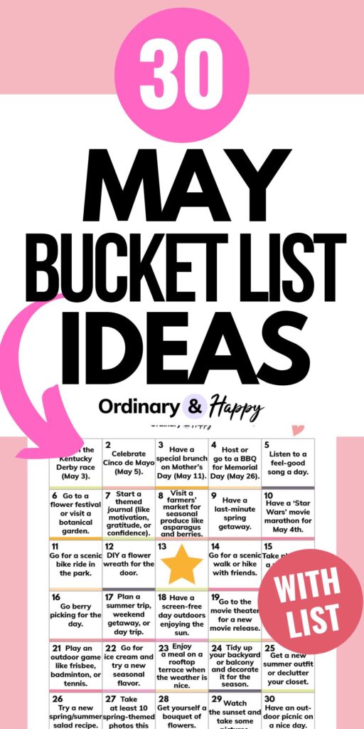 30 may bucket list ideas with a pink arrow pointing to the bucket list printable