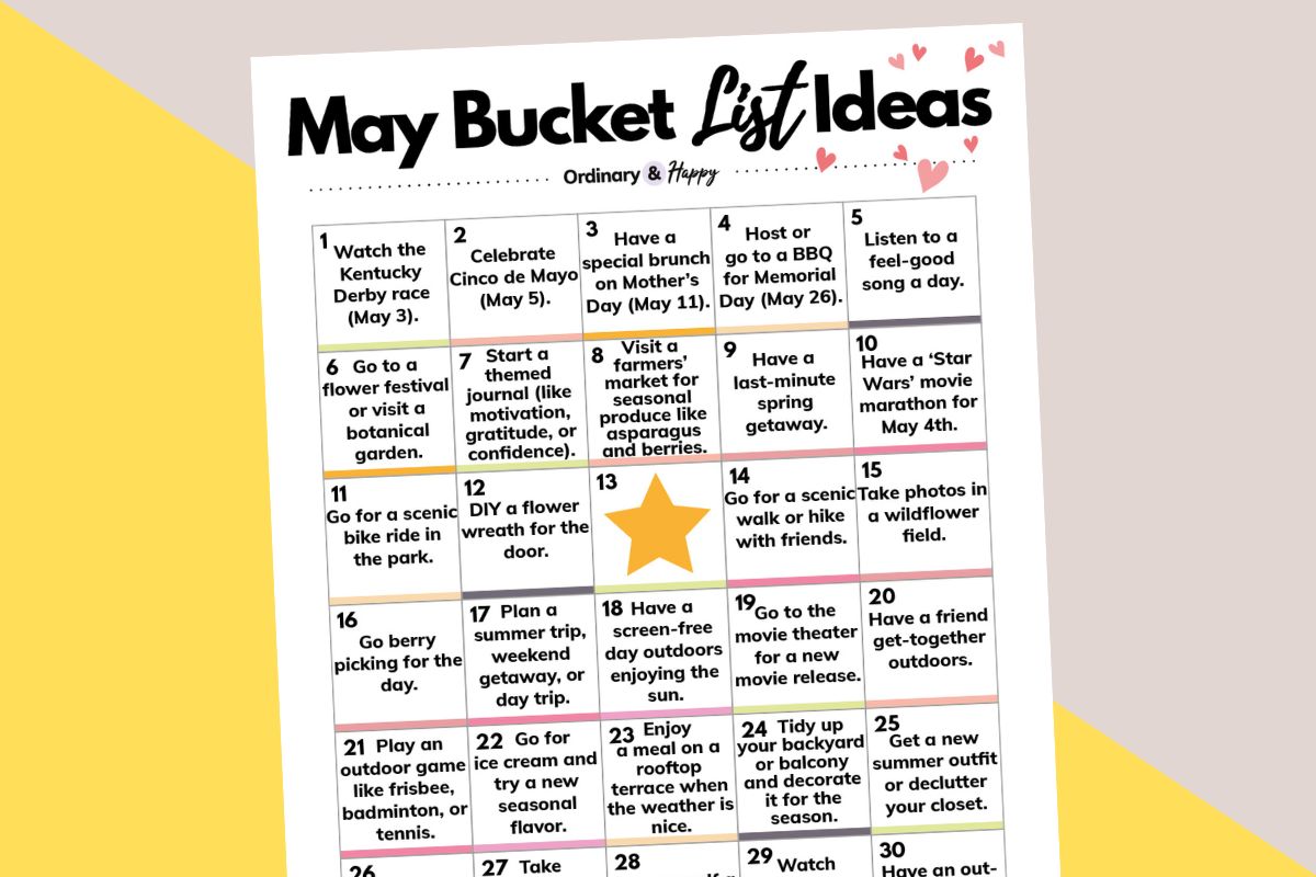 printable of 30 may bucket list ideas on a two color pink and yellow background