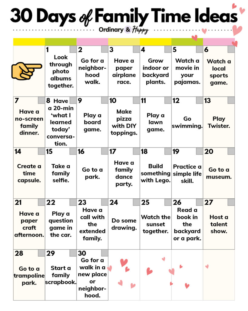 30-day calendar displaying 30 days of simple family time ideas with one idea listed in each day from 1 to 30