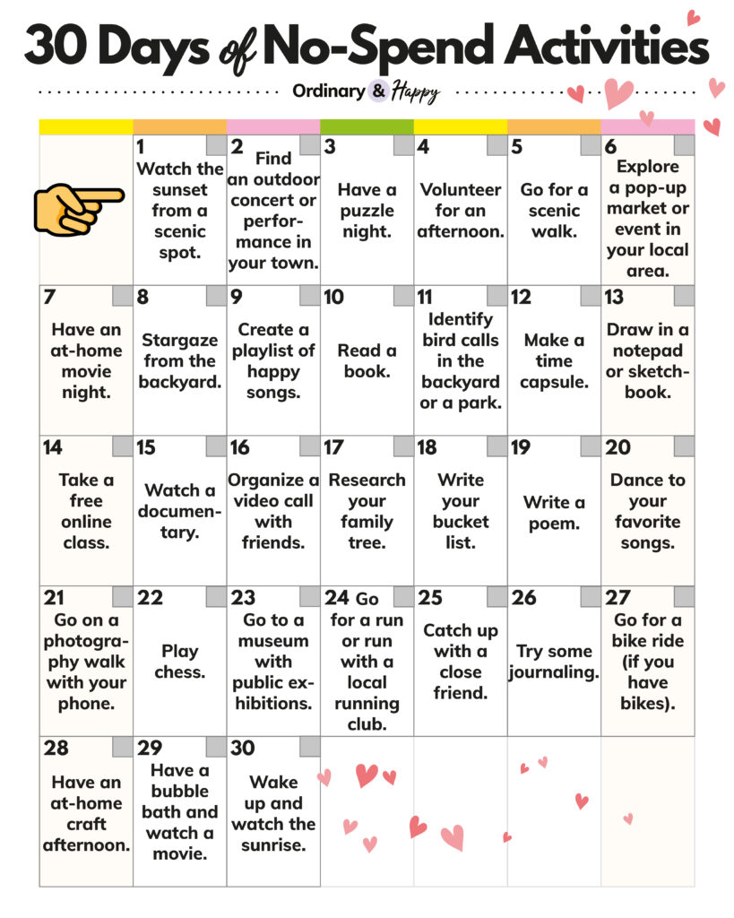 list of 30 no screen activites on a 30-day calendar