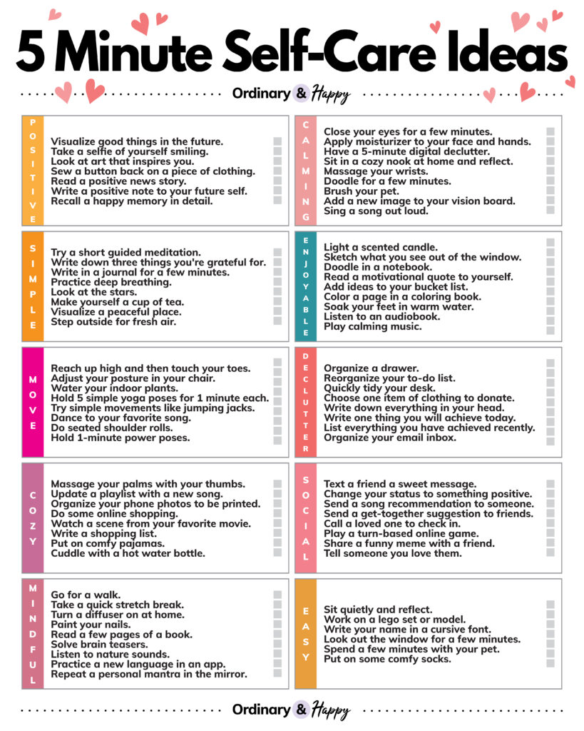 list of over 90 5-minute self-care ideas split into 10 categories