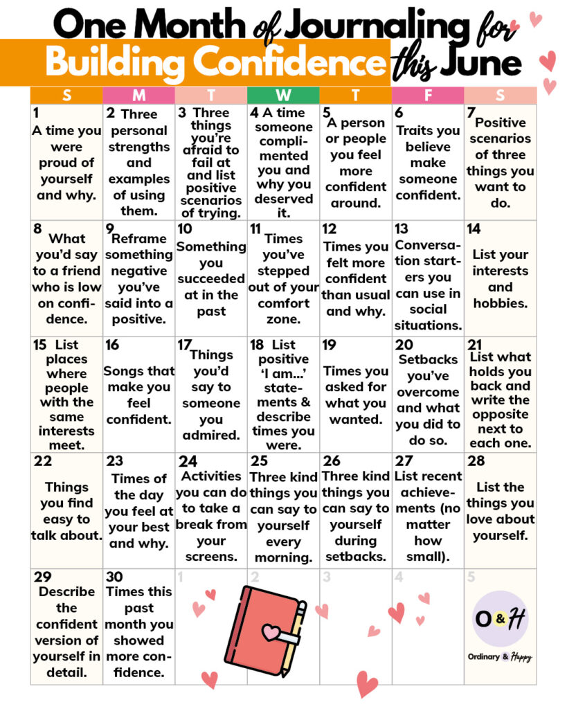 30 journaling ideas for building confidence listed in a grid calendar for the month of june from sunday to saturday with one idea per day in each square of the grid
