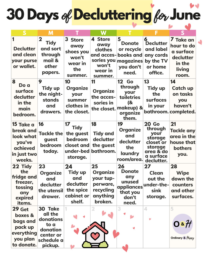 30-day decluttering challenge with 30 individual tasks listed on a 30-day calendar for june