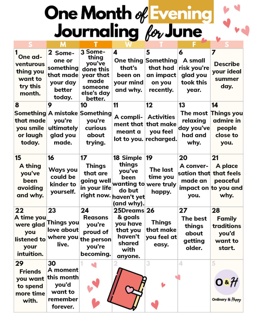june calendar of evening journaling prompts displaying one idea a day for the whole month of june