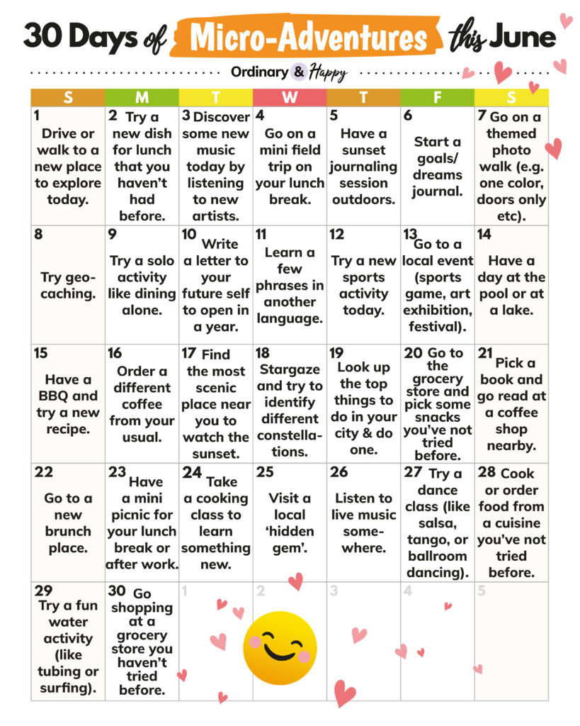 30-day calendar of micro-adventures for june in a 7x5 grid with one idea for every day of the 30 days of june