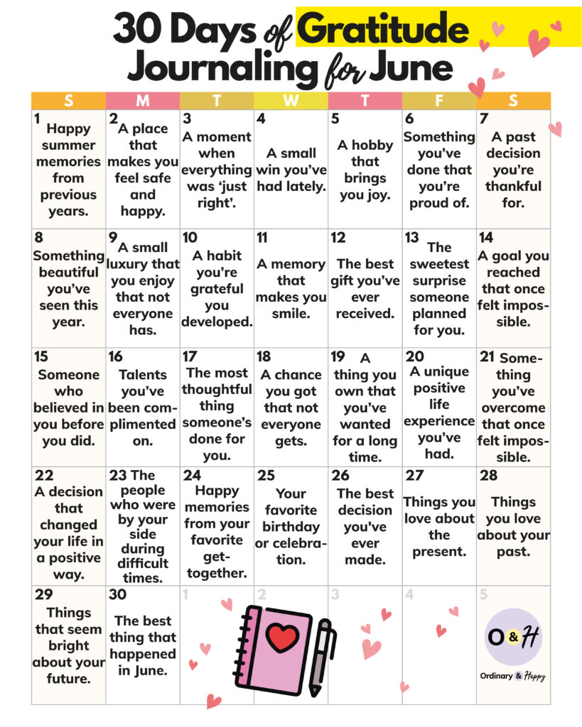 30-day june calender from sunday to sunday listing 30 gratitiude journaling ideas in each individual day