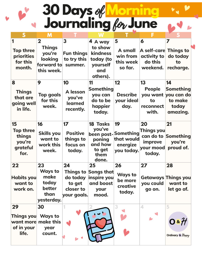 30-day june calendar of morning journaling ideas running from sunday to saturday