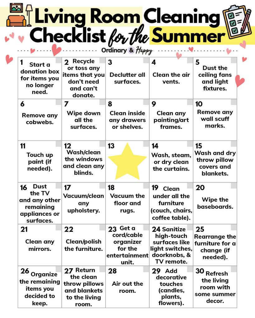 living room cleaning checklist for the summer ideas displayed in a 5x6 grid with check marks next to each idea