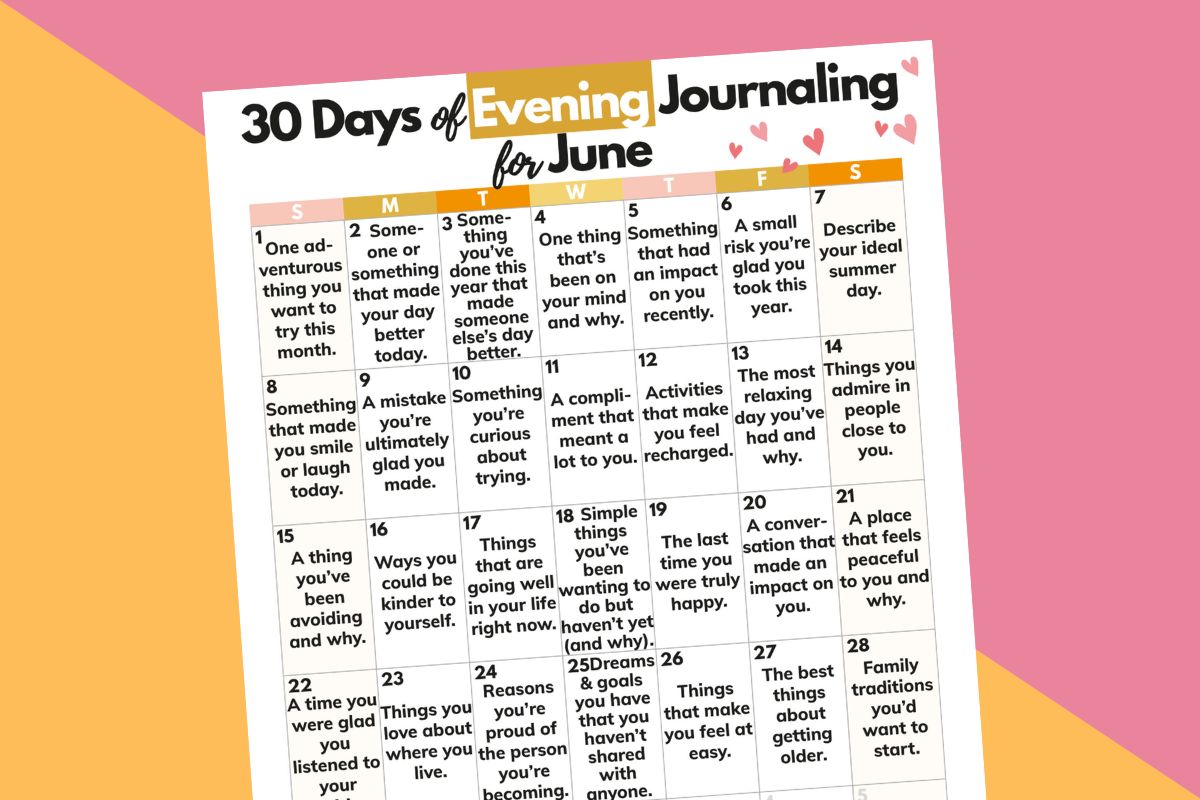 calendar printable of 30 days of evening journaling ideas for june displayed on an orange and pink background