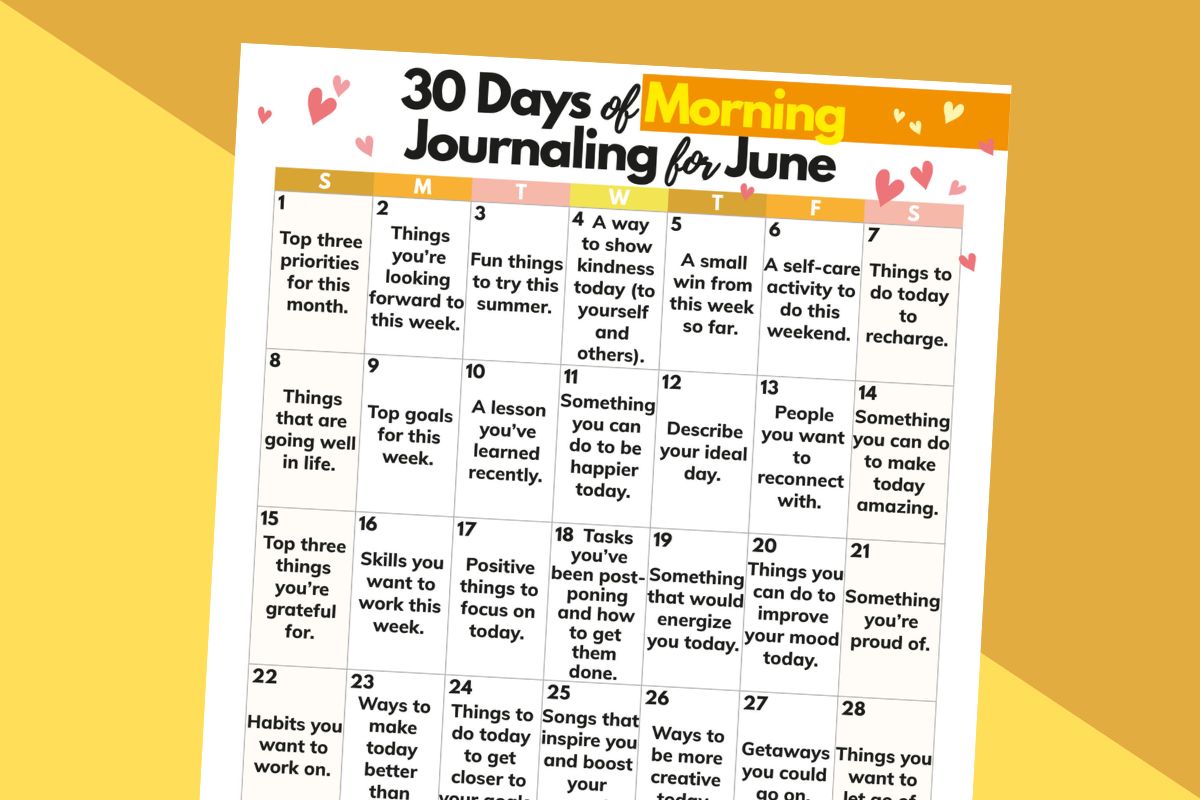 white calendar of 30 days of morning journaling for june against a yellow and orange 2-color block background