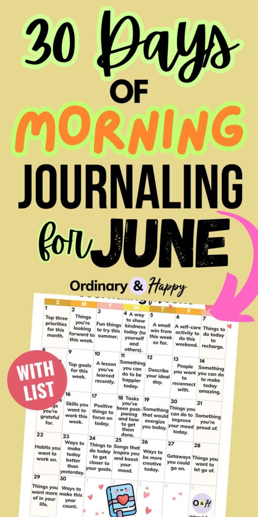 30 days of morning journaling for june orange and black text against a light orange background with a pink arrow pointing to the 30-day challenge calendar printable below