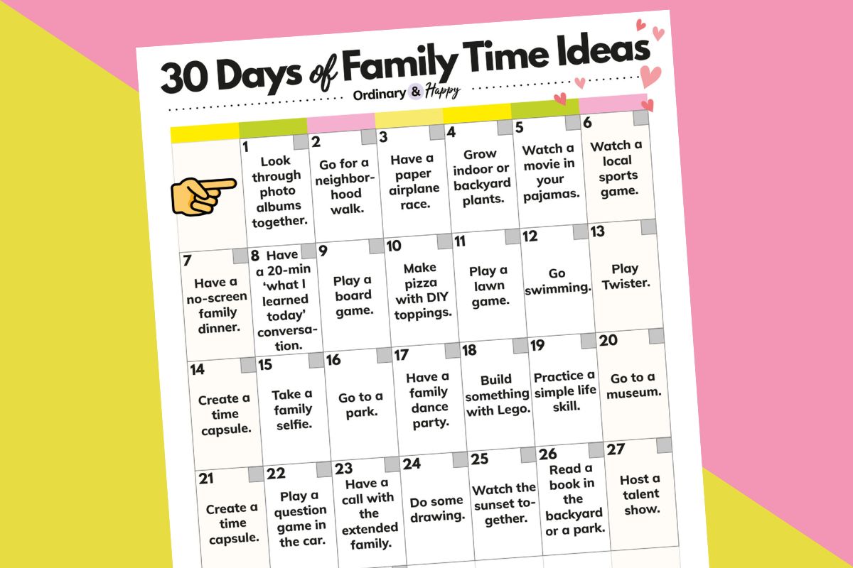 partially visible printable calendar of 30 days of family time ideas on a yellow and pink 2-color background