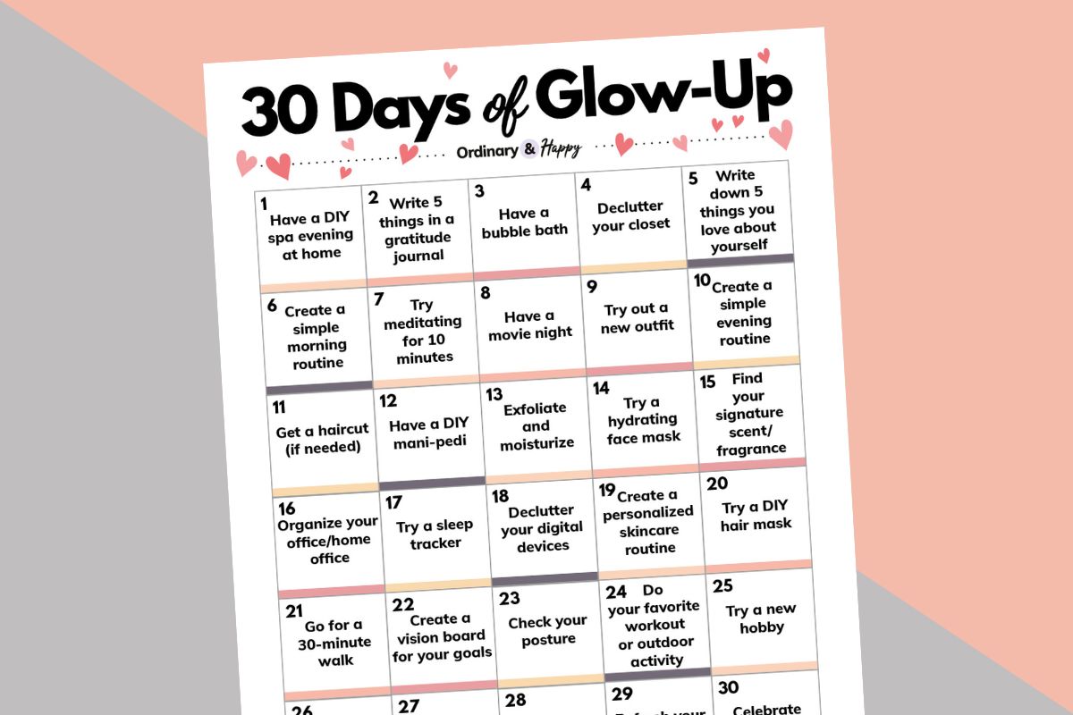 a 5 by 6 grid printable with 30 days of glow up ideas on a 2-color pink and light red background