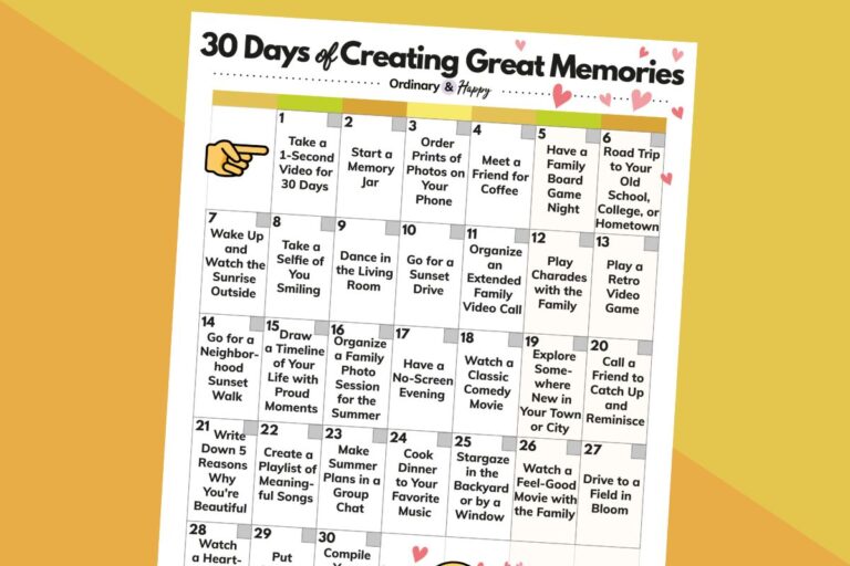 partially visible calendar printable of 30 days of creating great memory ideas against a 2-color background