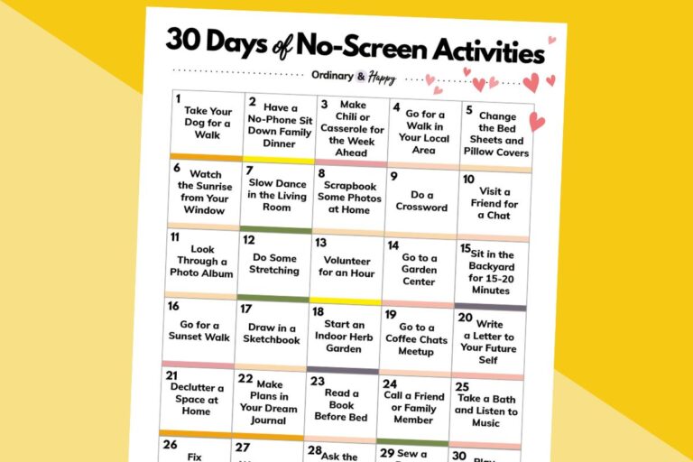partially visible card of 30 ideas for no screen activities on a block yellow color background