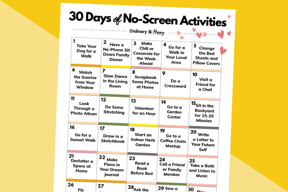 partially visible card of 30 ideas for no screen activities on a block yellow color background