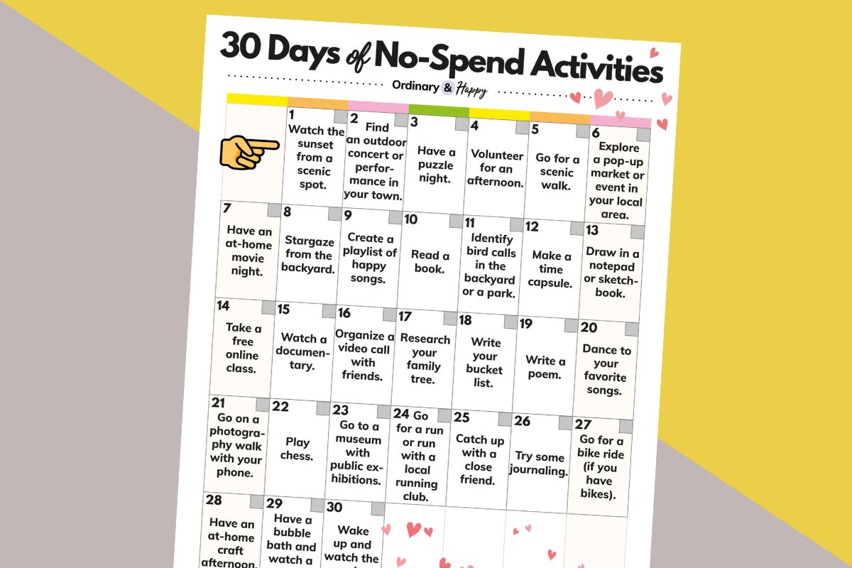 partially visible printable of 30 no spend activities on a 30 day calendar against a pink and orange 2-color background