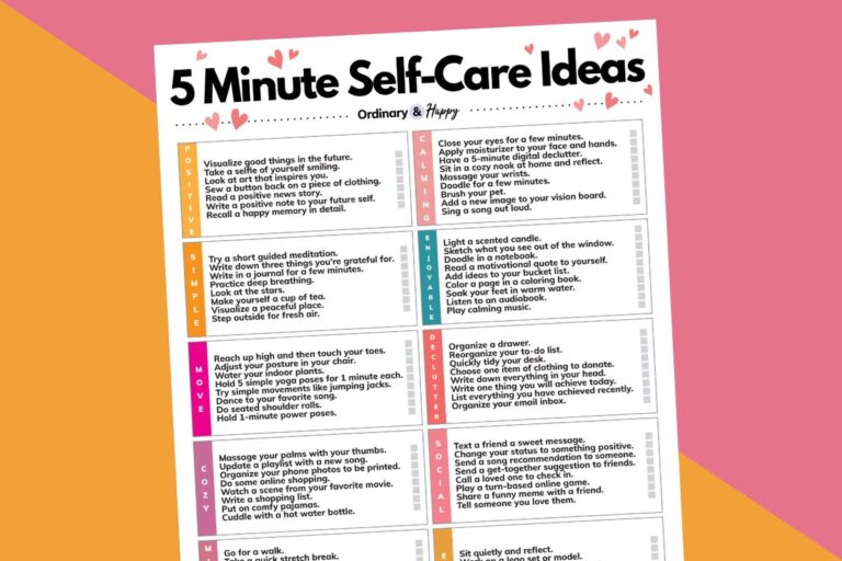 printable list of 90+ 5-minute self-care ideas against an orange and pink 2-color background